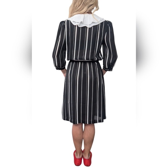 Vintage 80s Striped Dress Peter Pan Collar Wednesday Addams Dark Academia - Picture 12 of 15